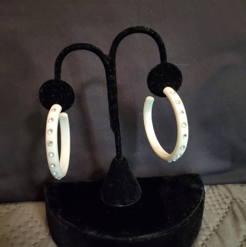 White & Rhinestone Hoop Earrings